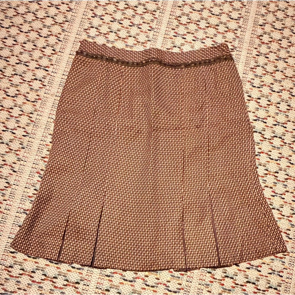 Dressbarn Brown Tweed Houndstooth A-Line Skirt Beaded Trim Size 14